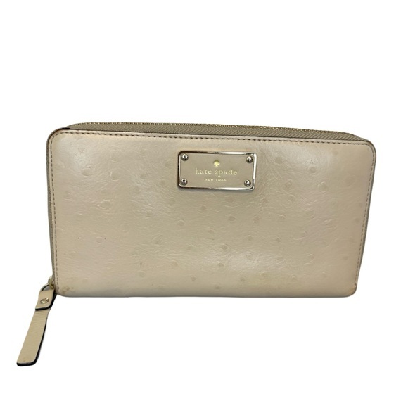 kate spade Handbags - Kate Spade Taupe Grey A La Vita Ostrich Embossed Leather Designer Wallet GUC